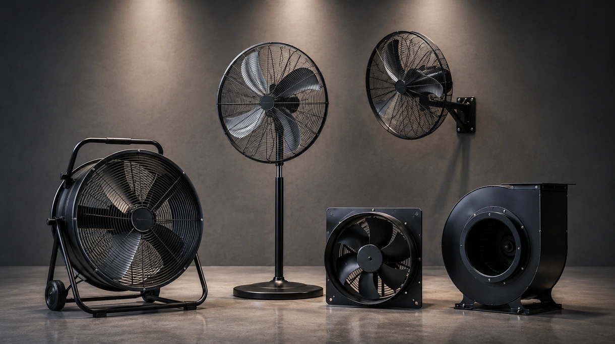 Grande ventilatore industriale centrifugo installato in un sistema di ventilazione di fabbrica con condotti in acciaio heavy-duty e montaggio sicuro a pavimento.