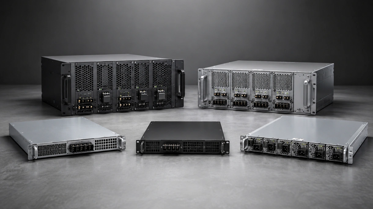 Tecnico che installa un alimentatore elettrico per rack ridondante in un armadio server modulare all'interno di un impianto industriale.