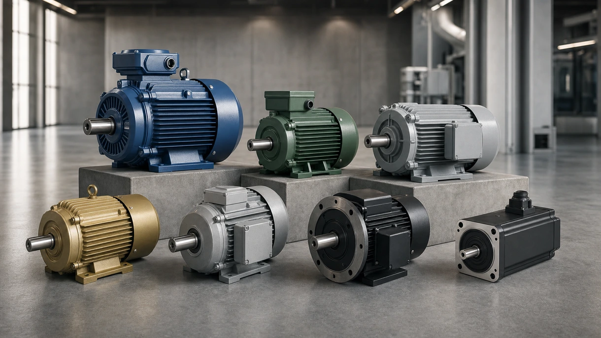 Motore AC industriale che aziona un sistema di nastri trasportatori in un moderno magazzino logistico automatizzato per la movimentazione di materiali pesanti.