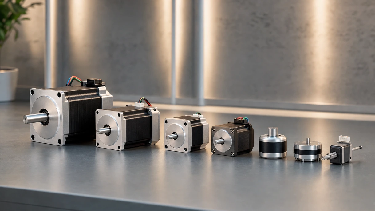 Motore passo-passo ibrido industriale integrato in un braccio robotico di assemblaggio multiasse all'interno di un impianto di produzione elettronica automatizzato.