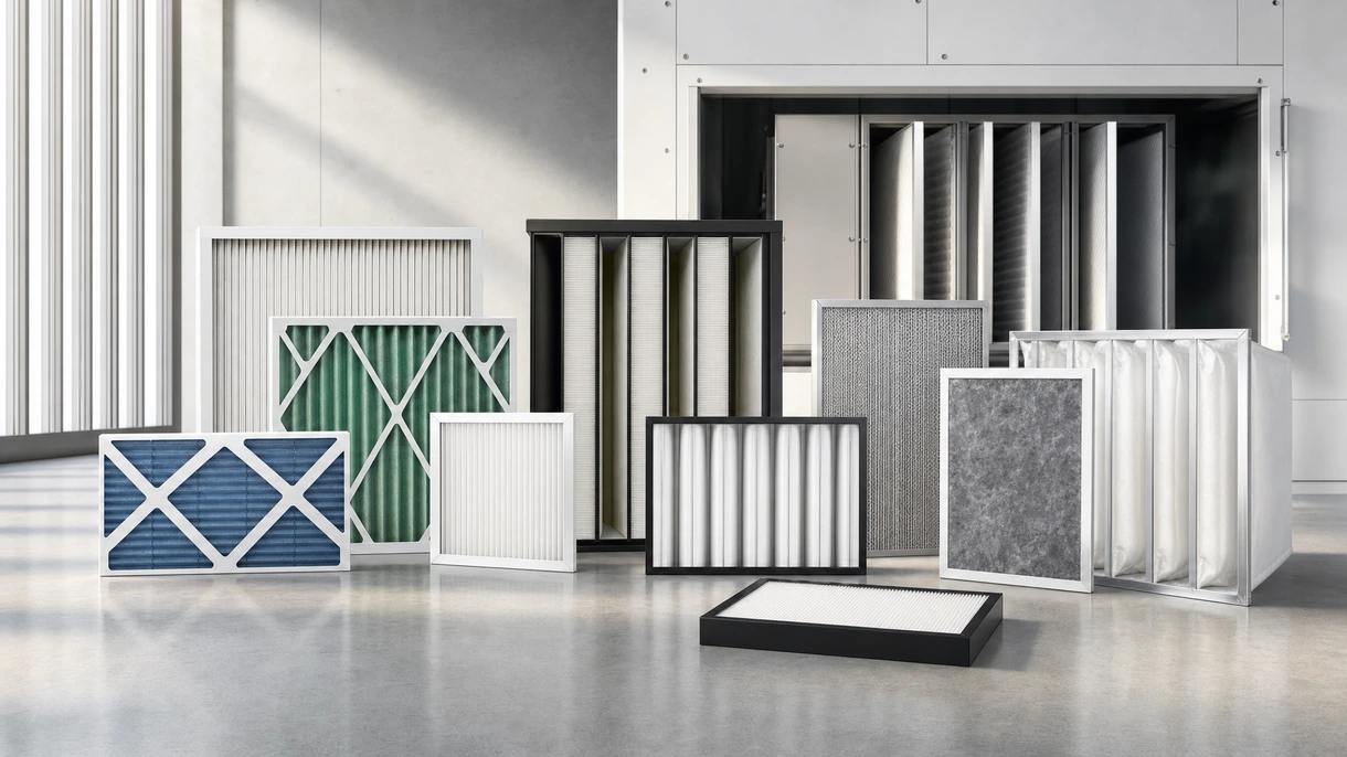Tecnico che installa un filtro in pannelli sintetico pieghettato in una grande unità di trattamento aria industriale durante la manutenzione dell'impianto.