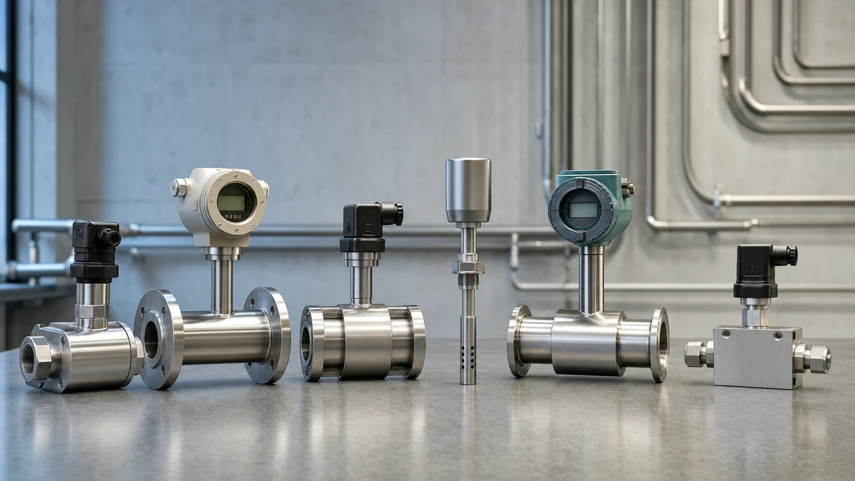 Misuratore di portata massico Coriolis industriale installato su una tubazione in acciaio inossidabile in un impianto di processo chimico.