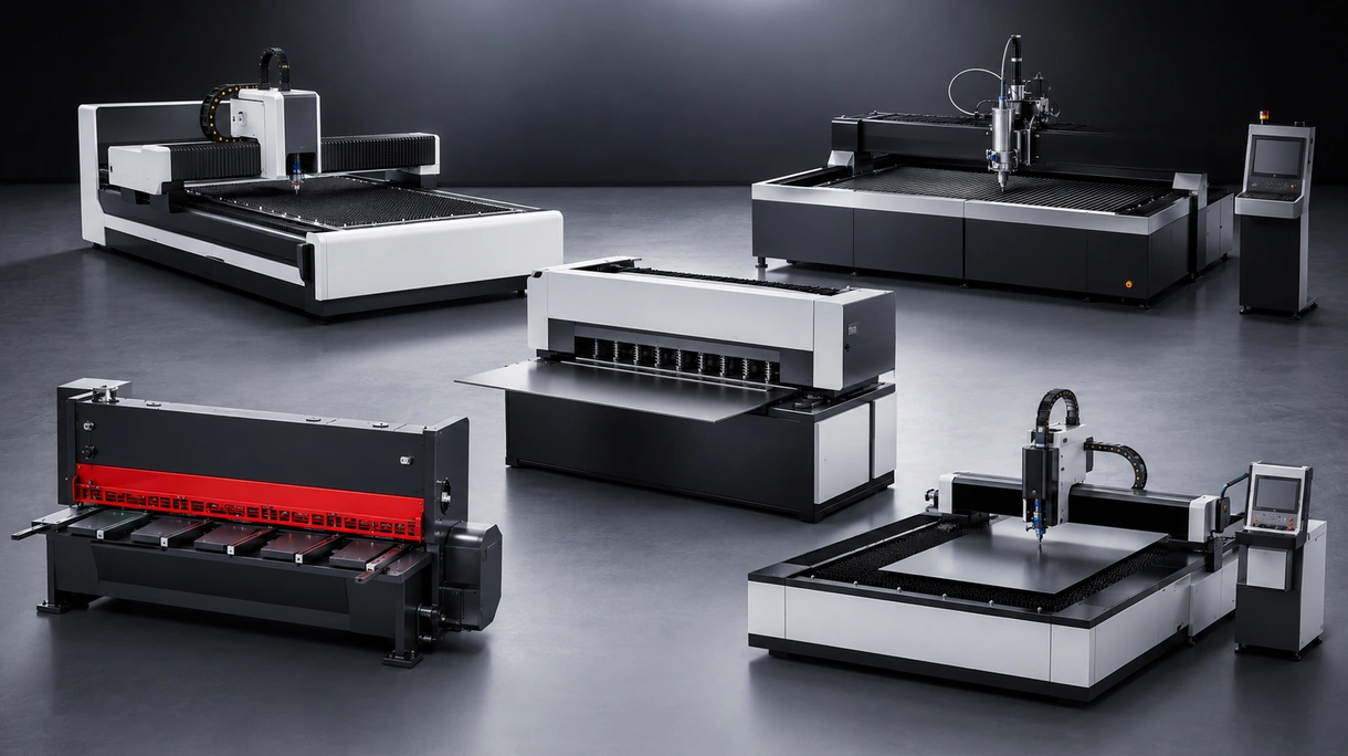 Macchina da taglio laser in fibra industriale impegnata nella lavorazione di una grande lamiera in acciaio inossidabile in un impianto di produzione high-tech.