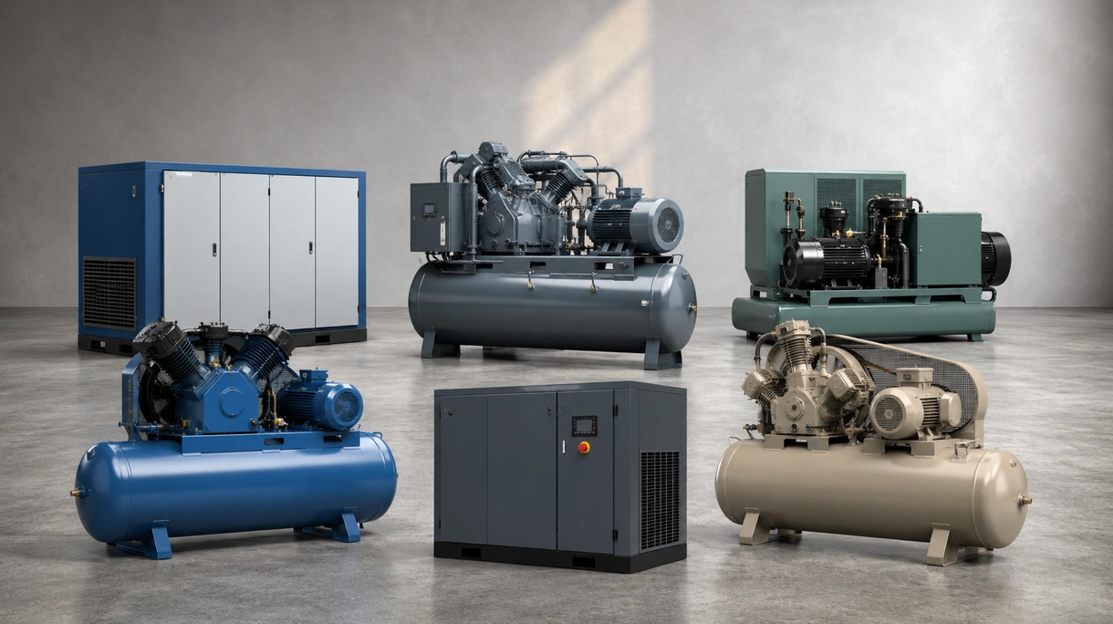 Compressore rotativo a vite industriale installato in un impianto di produzione pulito per l'alimentazione di linee automatizzate e utensili pneumatici.