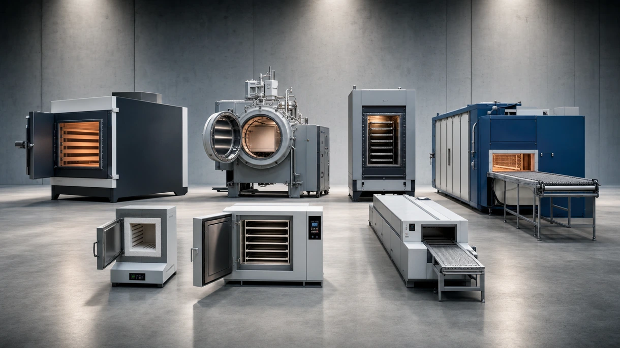 Forno per trattamento termico industriale in un impianto di produzione che lavora componenti metallici per linee di produzione automobilistiche.