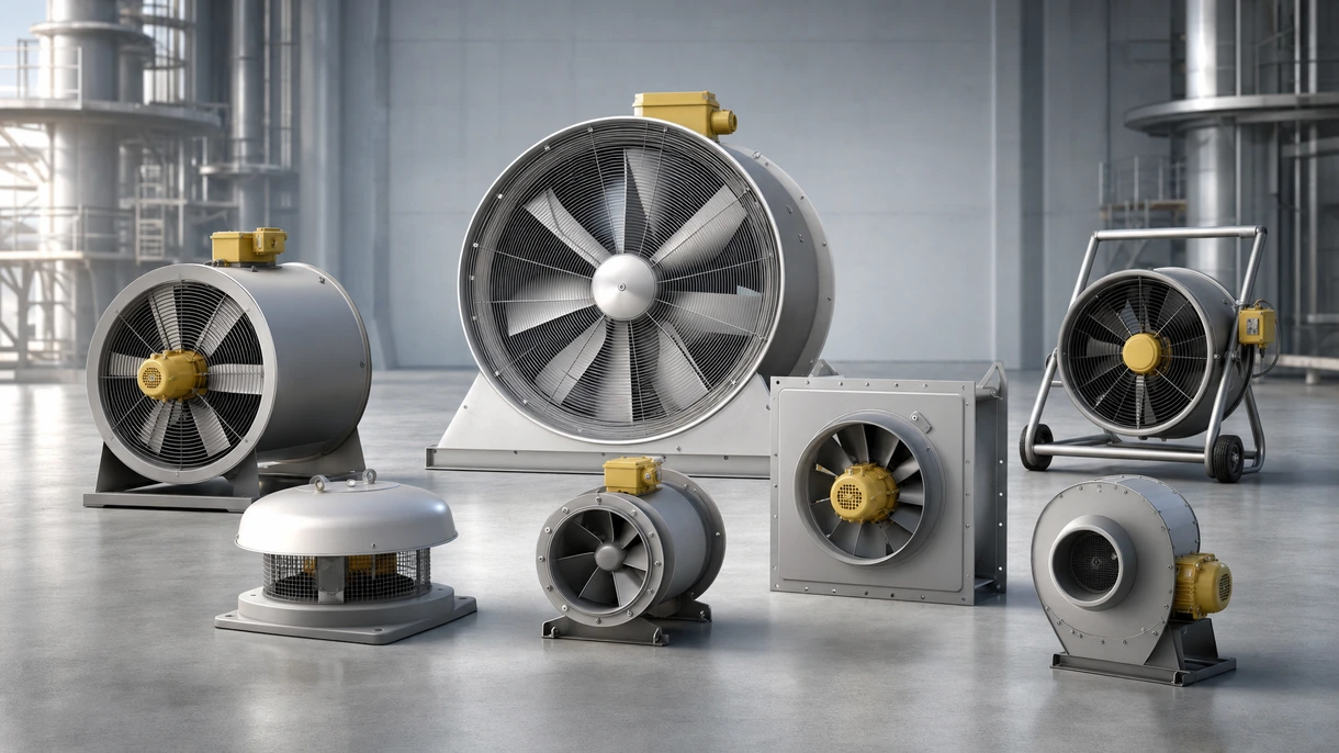 Ventilatore assiale industriale antideflagrante installato in un impianto di lavorazione chimica per l'estrazione di vapori pericolosi e la gestione della sicurezza sul lavoro.