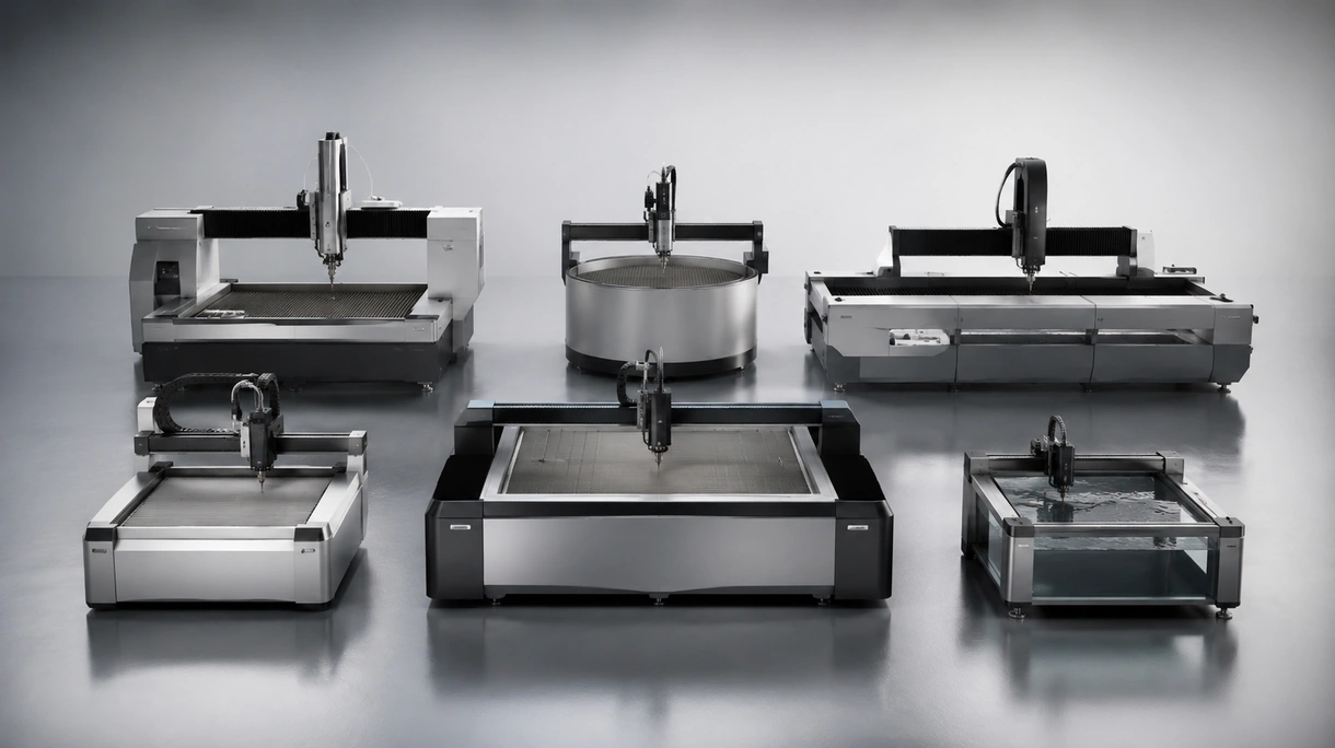 Macchina da taglio a getto d'acqua CNC durante il sezionamento di una spessa lastra industriale in acciaio inossidabile in un impianto di produzione pesante.