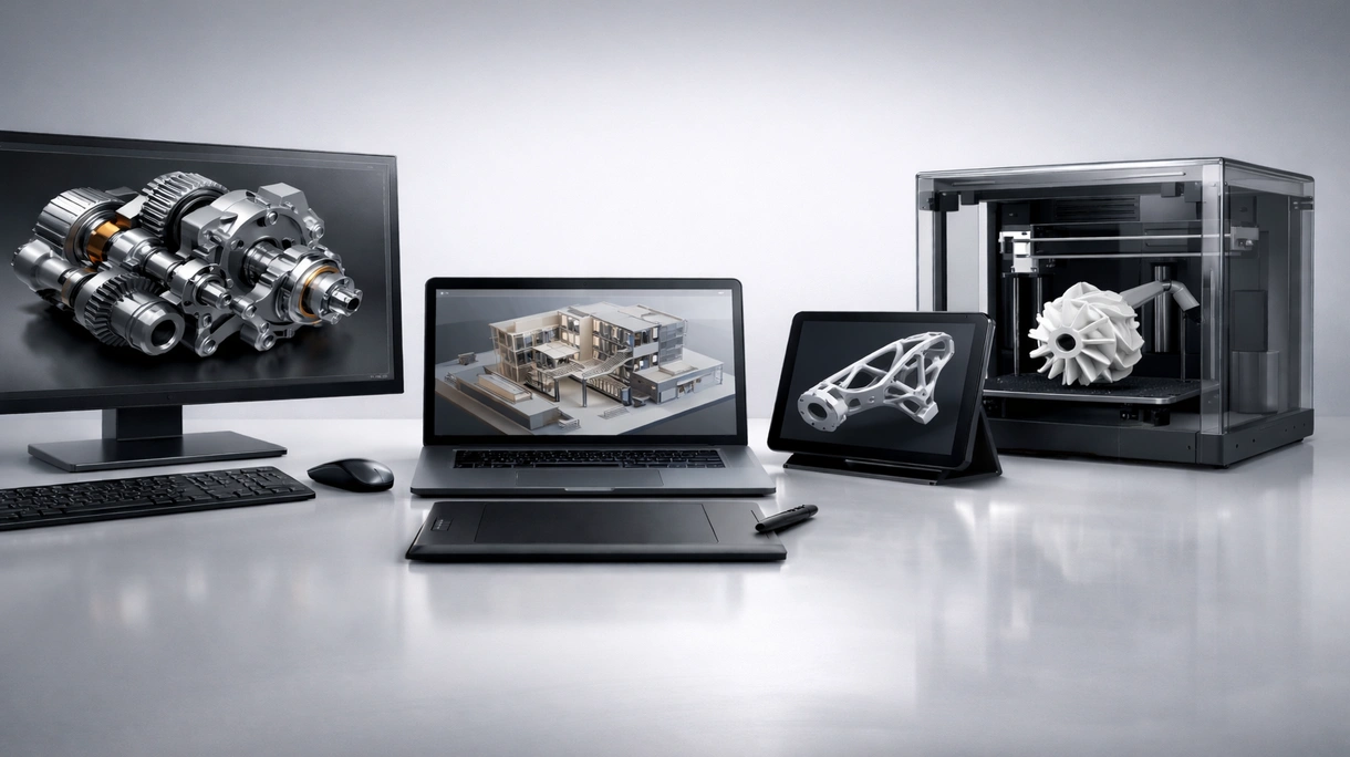 Ingegnere industriale che utilizza un software CAD per progettare una linea di assemblaggio robotizzata in un ambiente di produzione professionale.