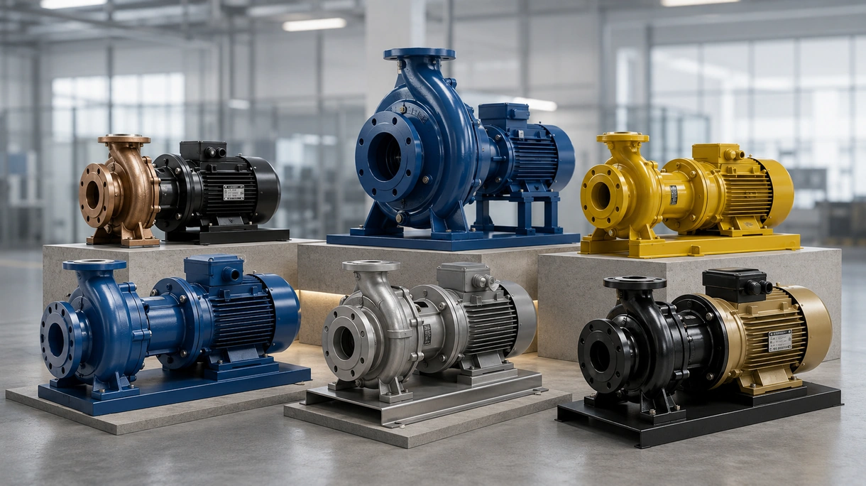 Gruppo pompa centrifuga industriale installato in un impianto di trattamento acque municipale con tubazioni in acciaio per impieghi gravosi e azionamento a motore.
