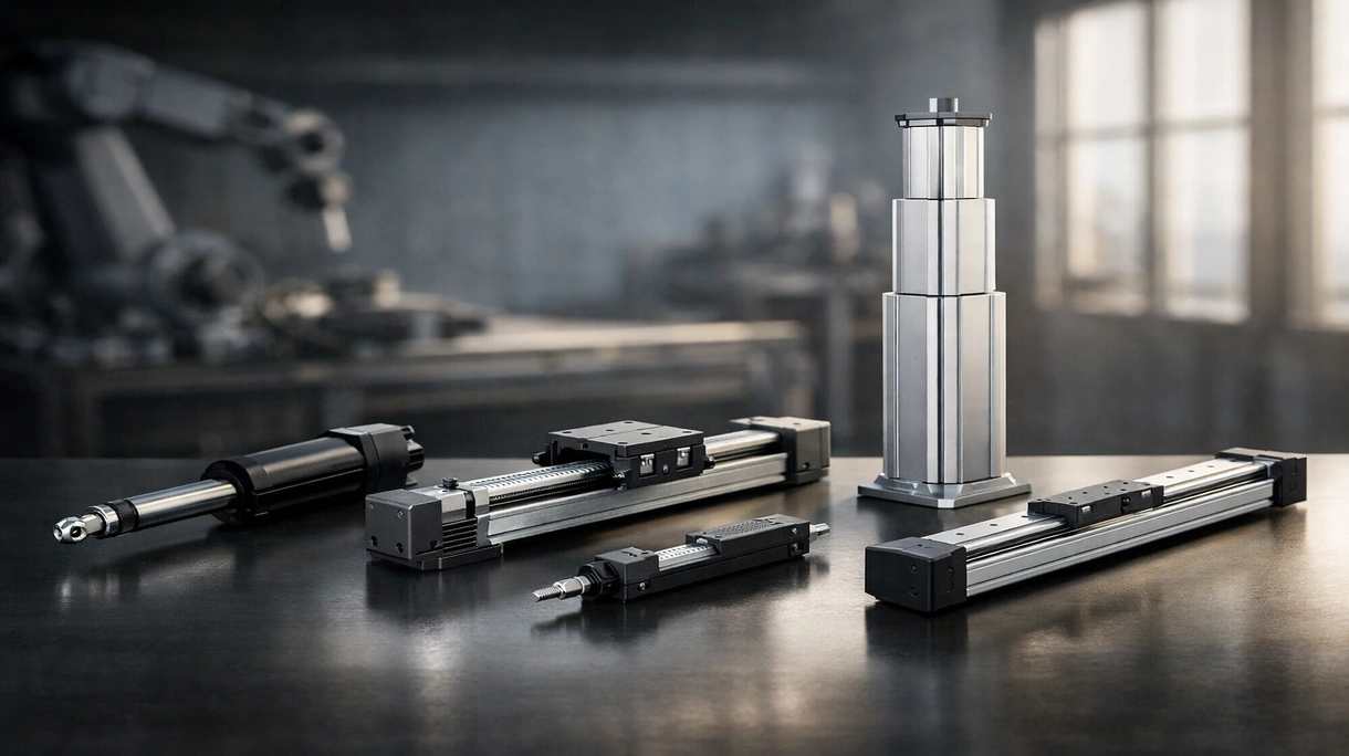 Attuatore lineare elettrico integrato in un gruppo di una linea di confezionamento automatizzata che mostra un movimento robotico ad alta velocità in una fabbrica.