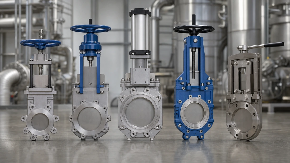 Valvola a ghigliottina pneumatica installata su una tubazione in acciaio in un impianto di lavorazione mineraria per il controllo del flusso di fanghi.