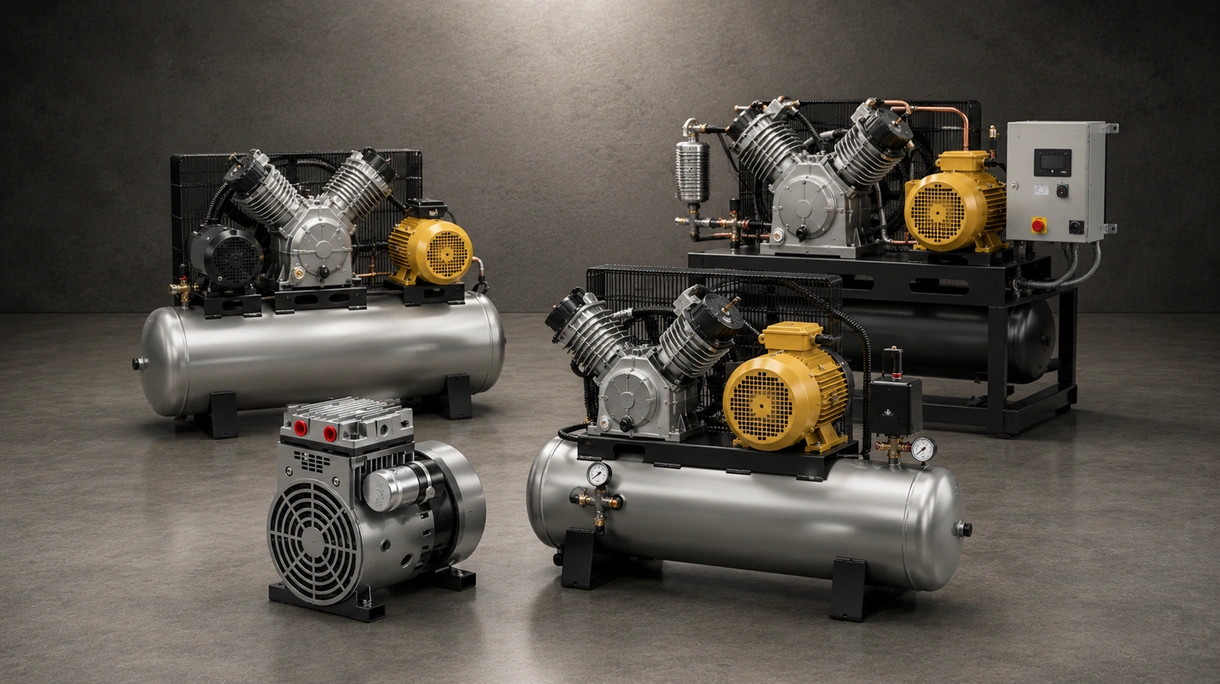 Compressore a pistone industriale installato in uno stabilimento produttivo per la fornitura di aria ad alta pressione a una linea di assemblaggio pneumatica.