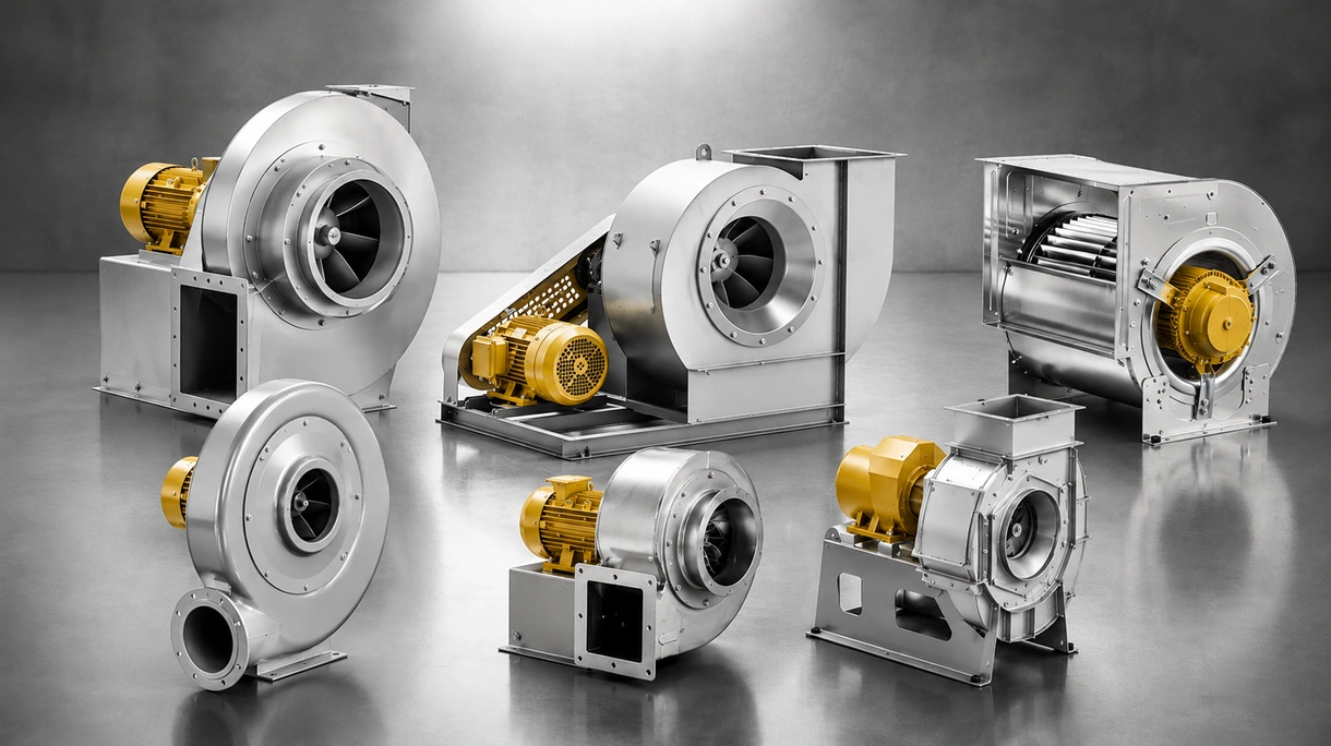 Ventilatore centrifugo industriale per applicazioni gravose installato in un sistema di ventilazione di un impianto produttivo per l'aspirazione dell'aria ad alta pressione.