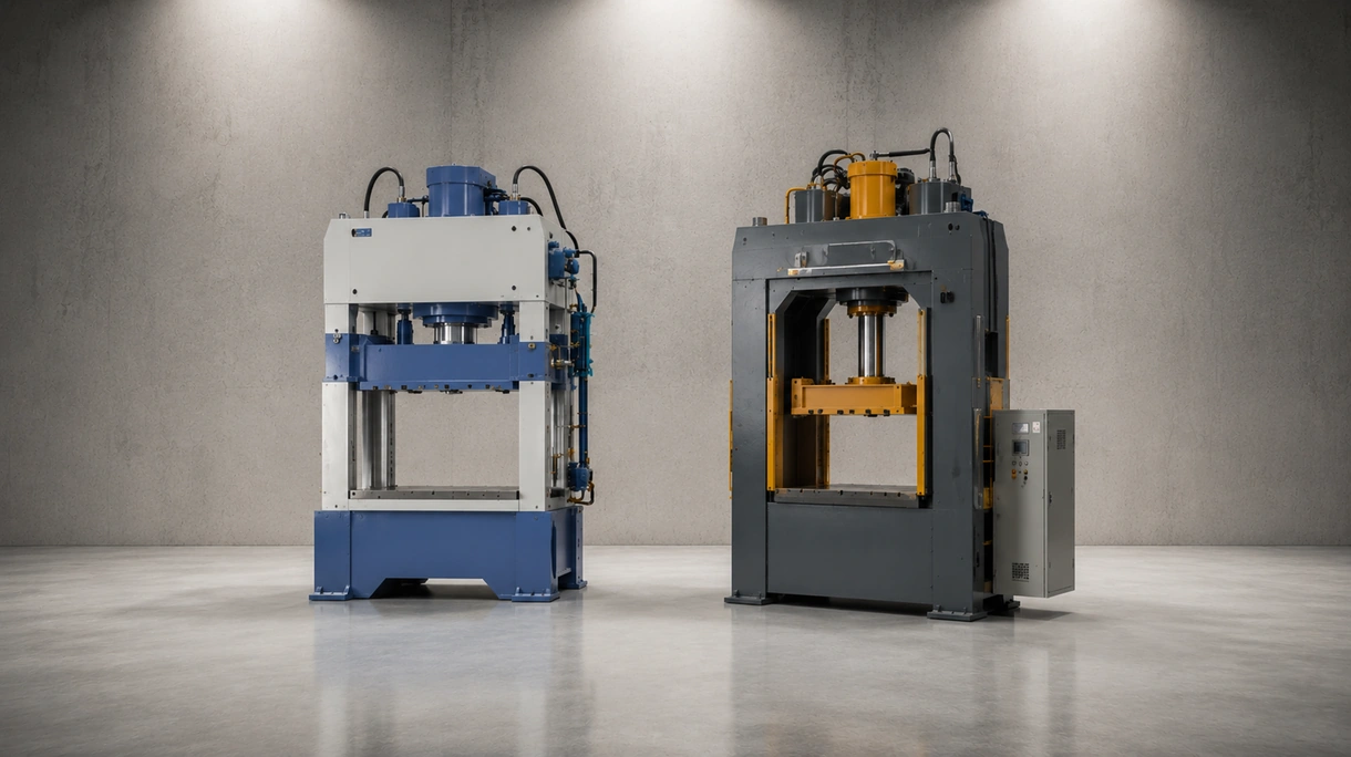 Pressa idraulica per carichi gravosi integrata in una linea di produzione professionale di stampaggio metalli con sistemi robotizzati di movimentazione dei pezzi.