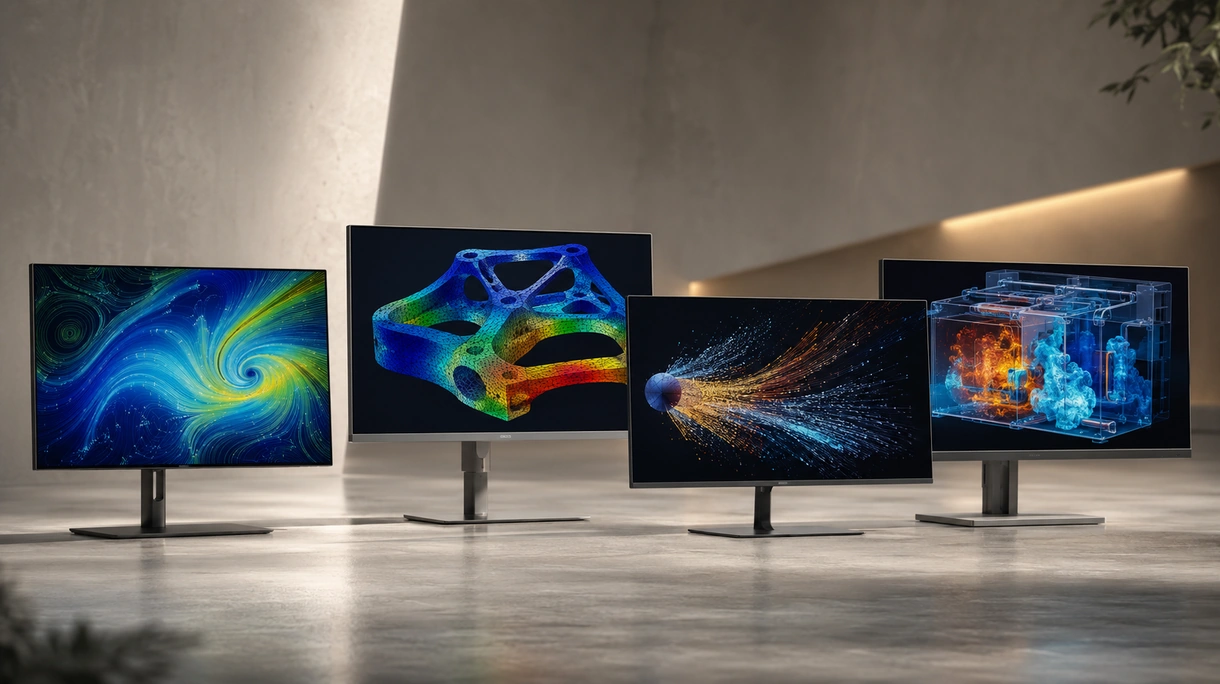 Ingegnere industriale che monitora una simulazione digital twin di una linea di produzione robotizzata automatizzata su uno schermo di una workstation professionale.