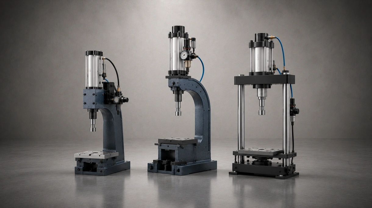 Pressa pneumatica industriale su una linea di produzione che esegue la rivettatura di precisione del metallo con barriere ottiche di sicurezza integrate.