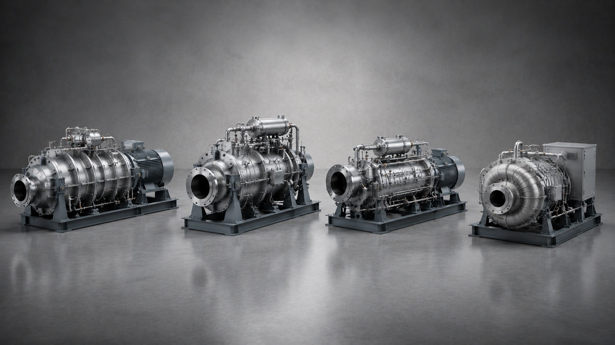 Compressore centrifugo industriale di grandi dimensioni installato in un impianto chimico per la fornitura di elevati volumi di aria compressa oil-free.