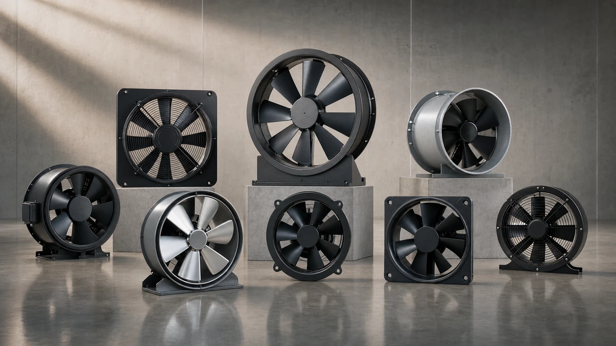 Unità di ventilatore assiale industriale installata nel sistema di ventilazione di uno stabilimento produttivo per la regolazione della temperatura e la gestione della qualità dell'aria.