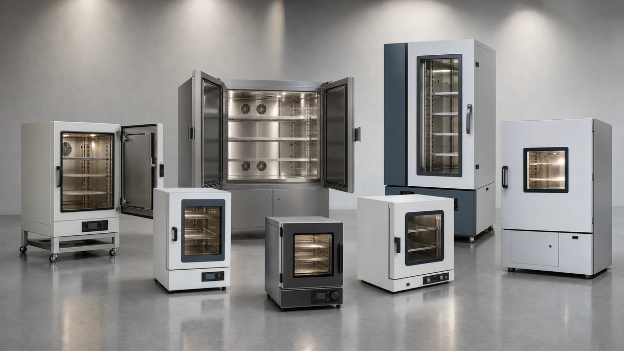Forno a camera industriale in una fabbrica con un tecnico che carica componenti in acciaio per un processo di trattamento termico professionale.