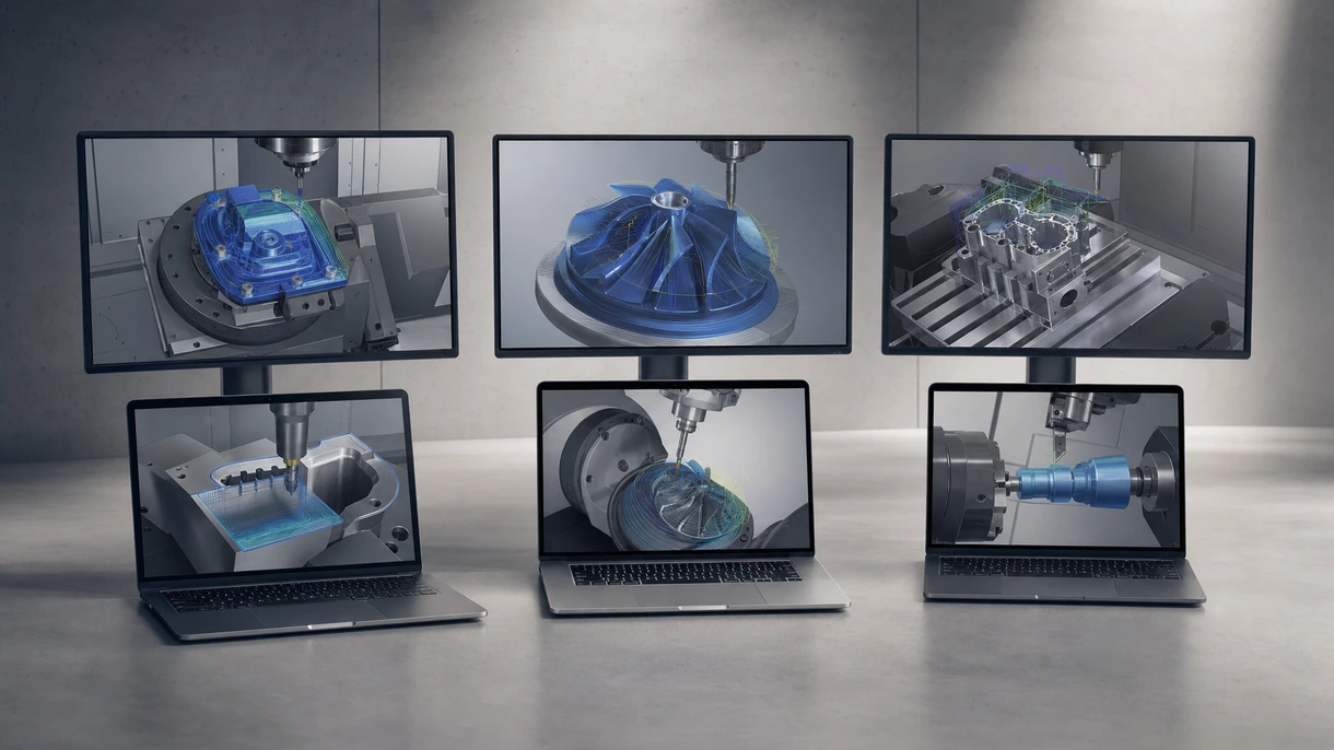 Ingegnere professionista che utilizza un software CAM per programmare percorsi utensile CNC complessi a cinque assi su un display di una workstation industriale ad alta risoluzione.