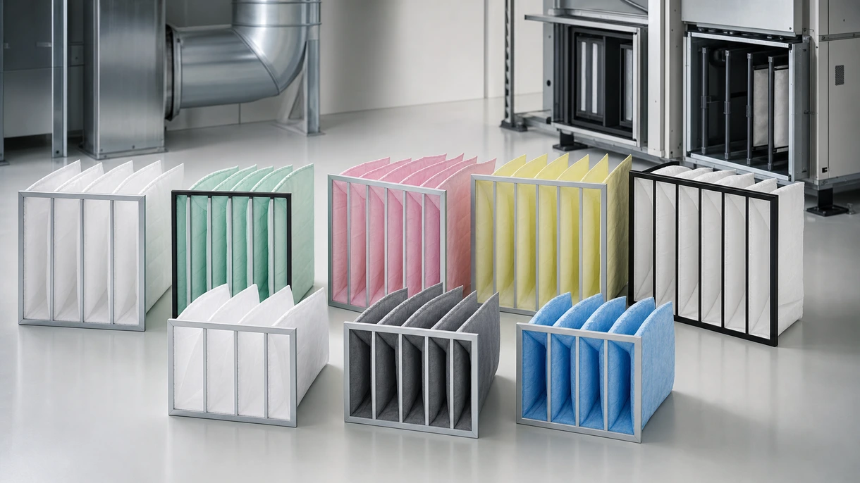 Filtro a tasca sintetico installato in un'unità di trattamento aria industriale in acciaio inox durante una procedura di manutenzione ordinaria.