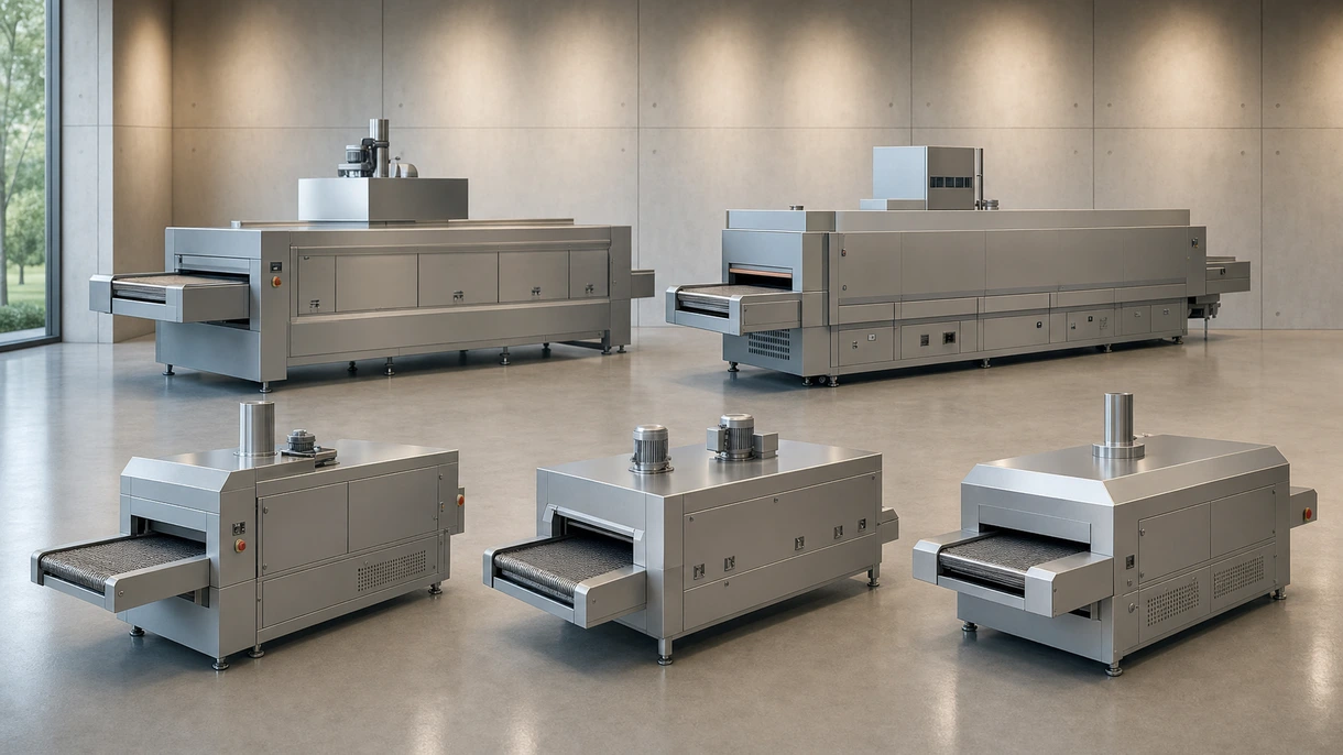 Forno a tunnel industriale integrato in una linea di produzione automatizzata per la polimerizzazione di componenti elettronici ad alto volume.