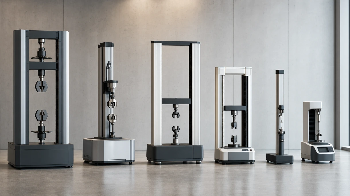 Tecnico industriale che esegue una prova di resistenza alla trazione su un provino metallico utilizzando una macchina per prova universale a doppia colonna.