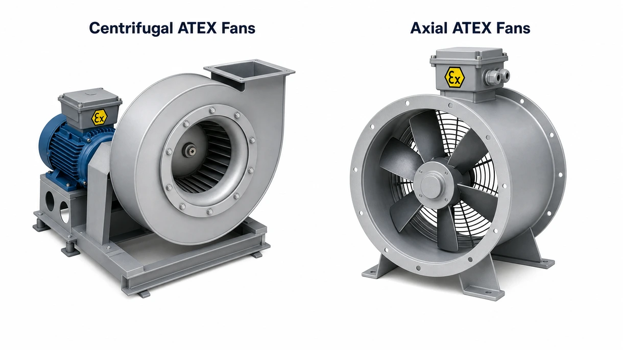 Dettaglio tecnico di una girante in alluminio antiscintilla e dell'alloggiamento del motore antideflagrante su un ventilatore centrifugo ATEX ad alta pressione.