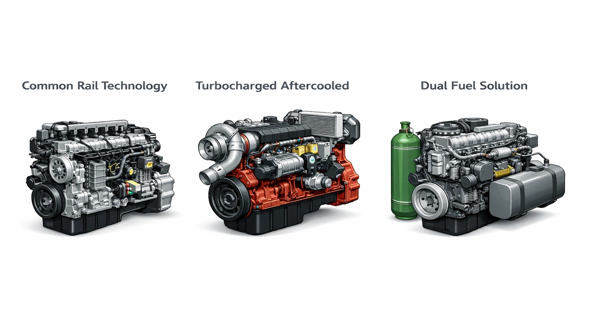 Dettaglio ravvicinato di un sistema di iniezione Common Rail ad alta pressione su un moderno monoblocco di motore diesel industriale turbocompresso.
