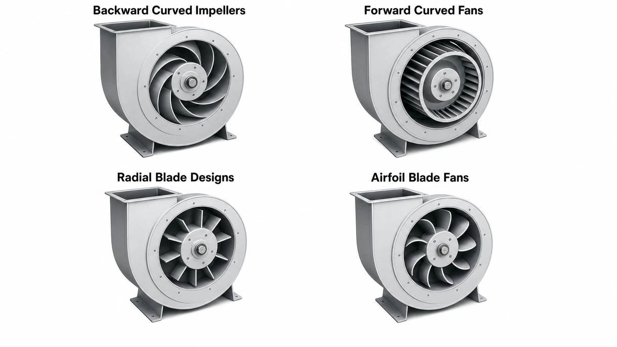 Dettaglio tecnico di una girante a pale rovesce in acciaio inossidabile che mostra il design aerodinamico delle pale per un soffiatore industriale.
