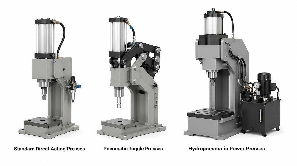 Dettaglio tecnico della testa del cilindro di una pressa pneumatica che mostra il meccanismo di regolazione della corsa e il sensore di pressione digitale.