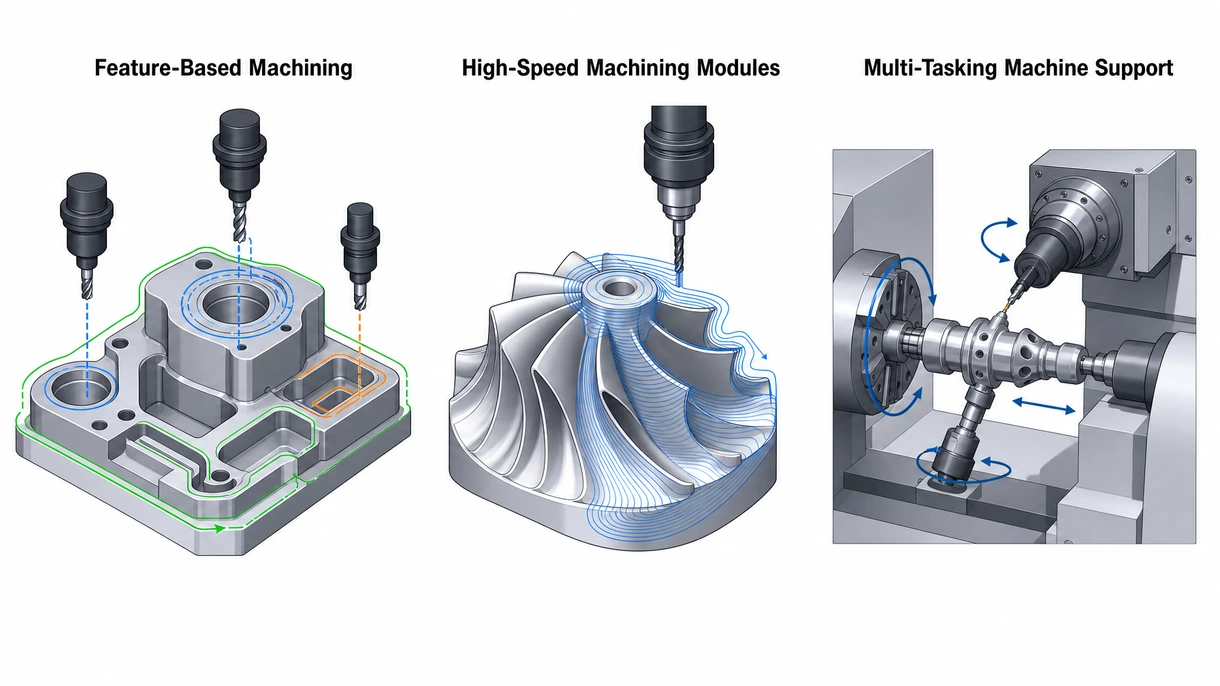 Visualizzazione tecnica dettagliata di una fresa simulata che segue un percorso di lavorazione ad alta velocità su una pala di turbina complessa.