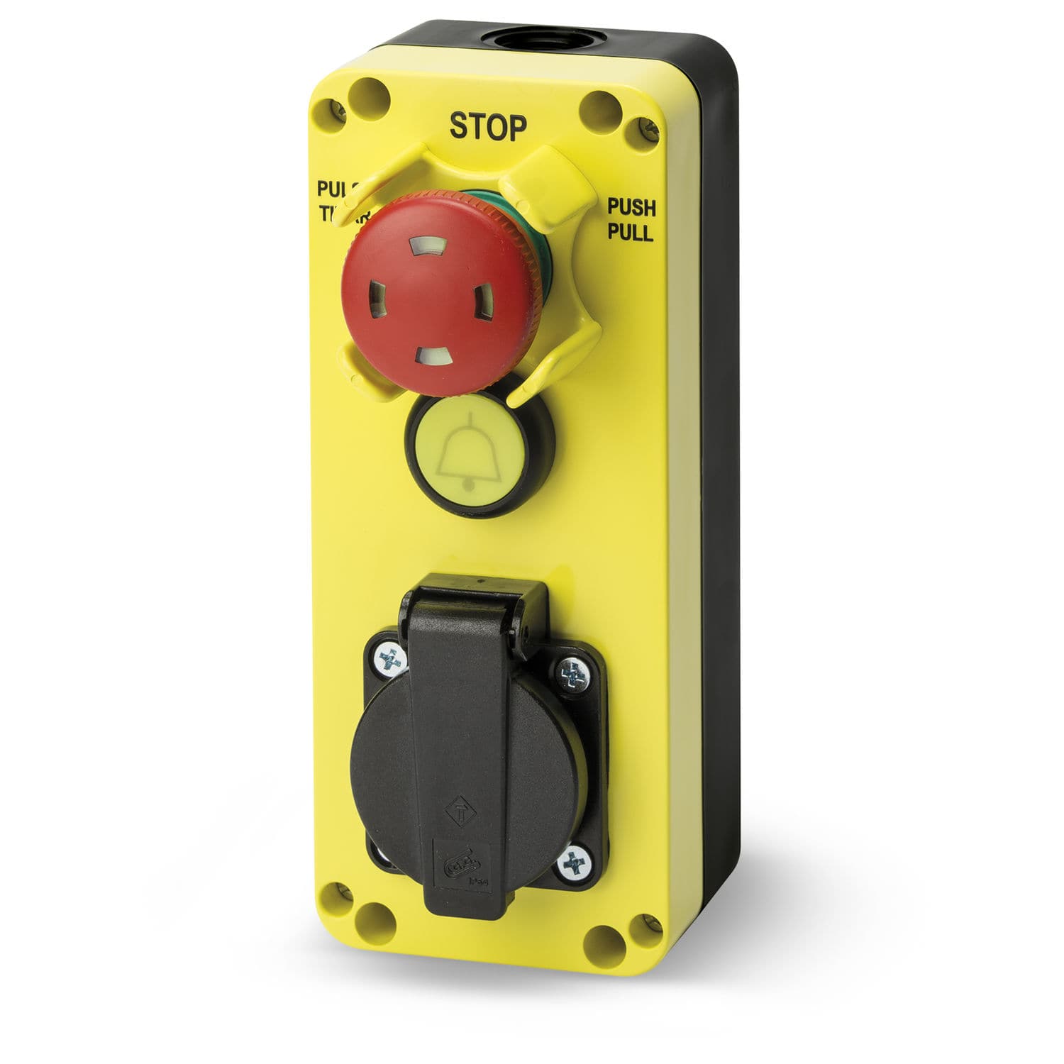 Pulsante a mano grossa, pulsante a fungo IP 65, pulsante di emergenza, 1 chiusura, 1 apertura, verde AP