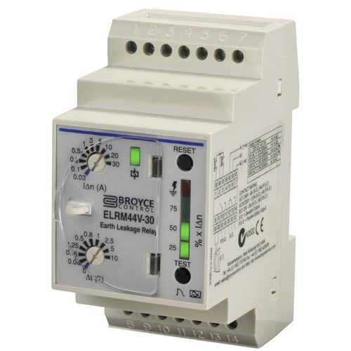 Relè di protezione con dispersione a terra - ELRM44V-3 (0.5s) - Broyce Control - 1NA/NC / su guida DIN / temporizzatore