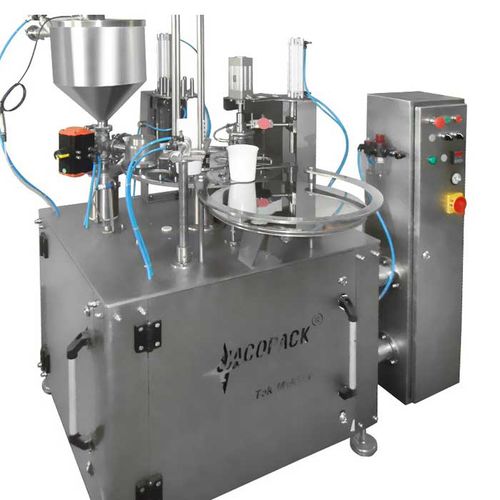 Riempitrice sigillatrice per bicchieri - TEK1 - Jacopack - controllata da PLC / rotativa / per prodotti cosmetici