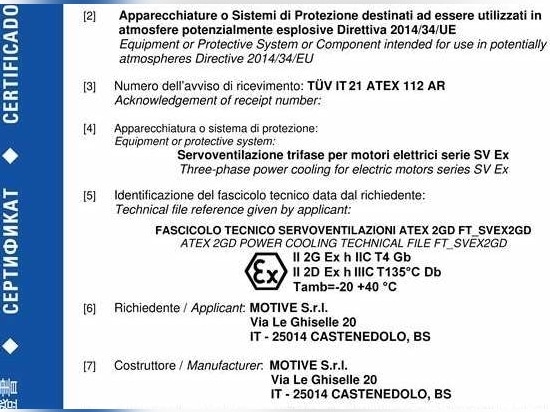 Certificazione ATEX Cat.2 per le servoventilazioni dei motori MOTIVE