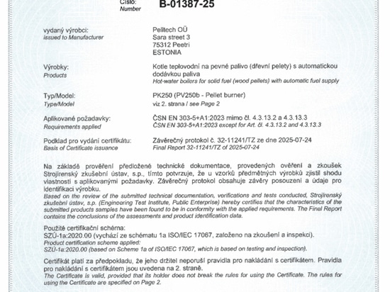 La stufa a pellet mobile PK250 ottiene la certificazione completa EN 303-5