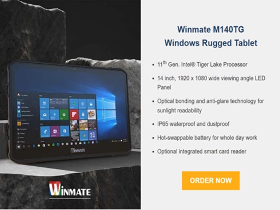 Il computer mobile rugged M140TG di Winmate supporta Windows IoT e si erge contro una solida roccia