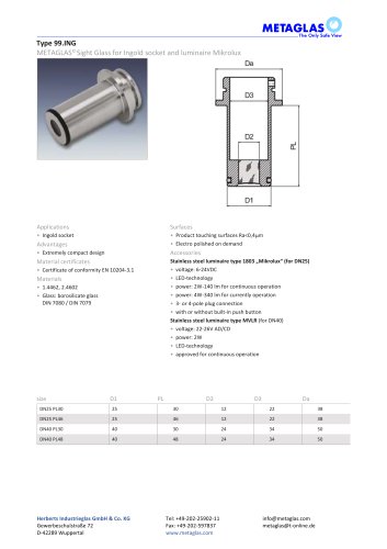 METAGLAS® TYPE 99.ING SIGHT GLASS FOR INGOLD SOCKET AND LUMINAIRE MIKROLUX