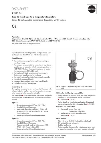 Type 43-1 and Type 43-2 Temperature Regulators Series 43 Self-operated Temperature Regulators