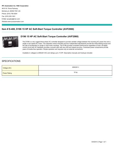 D196 15 HP AC Soft-Start Torque Controller (AVF2060)