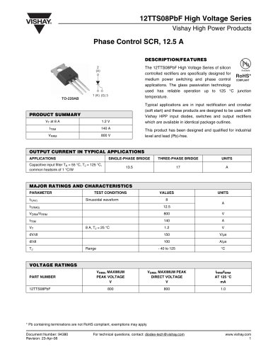 Thyristors - Reverse/direct voltage 600 to 1000 V