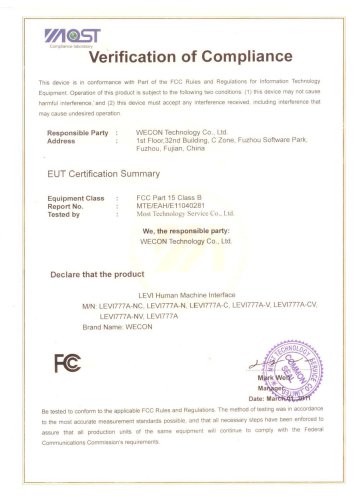 WECON Certificates-FCC for 7 inch compact touch screen hmi terminal and extended models.pdf