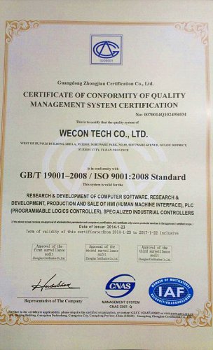 WECON Certificates-ISO 9001 certificate(hmi plc & industrial controller)