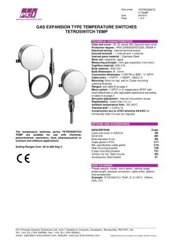 Gas Expansion Type Temperature Switch TETROSWITCH TEMP