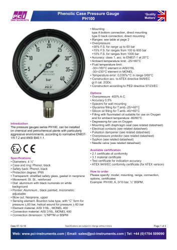 Phenolic Case Pressure Gauge PH100