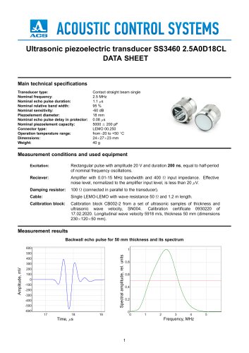 S3460– normal beam single-crystal transducer 2.5 MHz