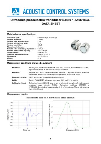 S3469– normal beam single-crystal transducer 1,8 MHz