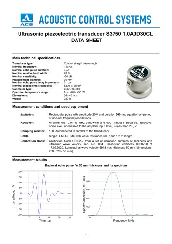 S3750– normal beam single-crystal transducer 1 MHz