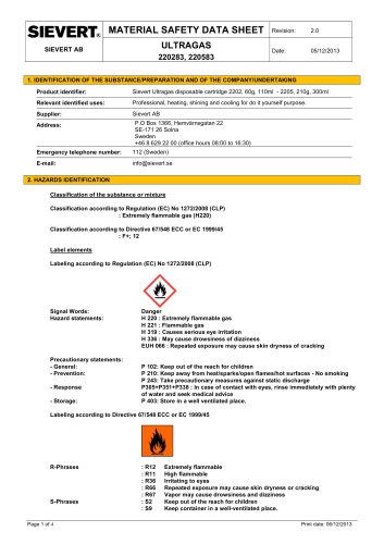 MATERIAL SAFETY DATA SHEET ULTRAGAS 220283, 220583